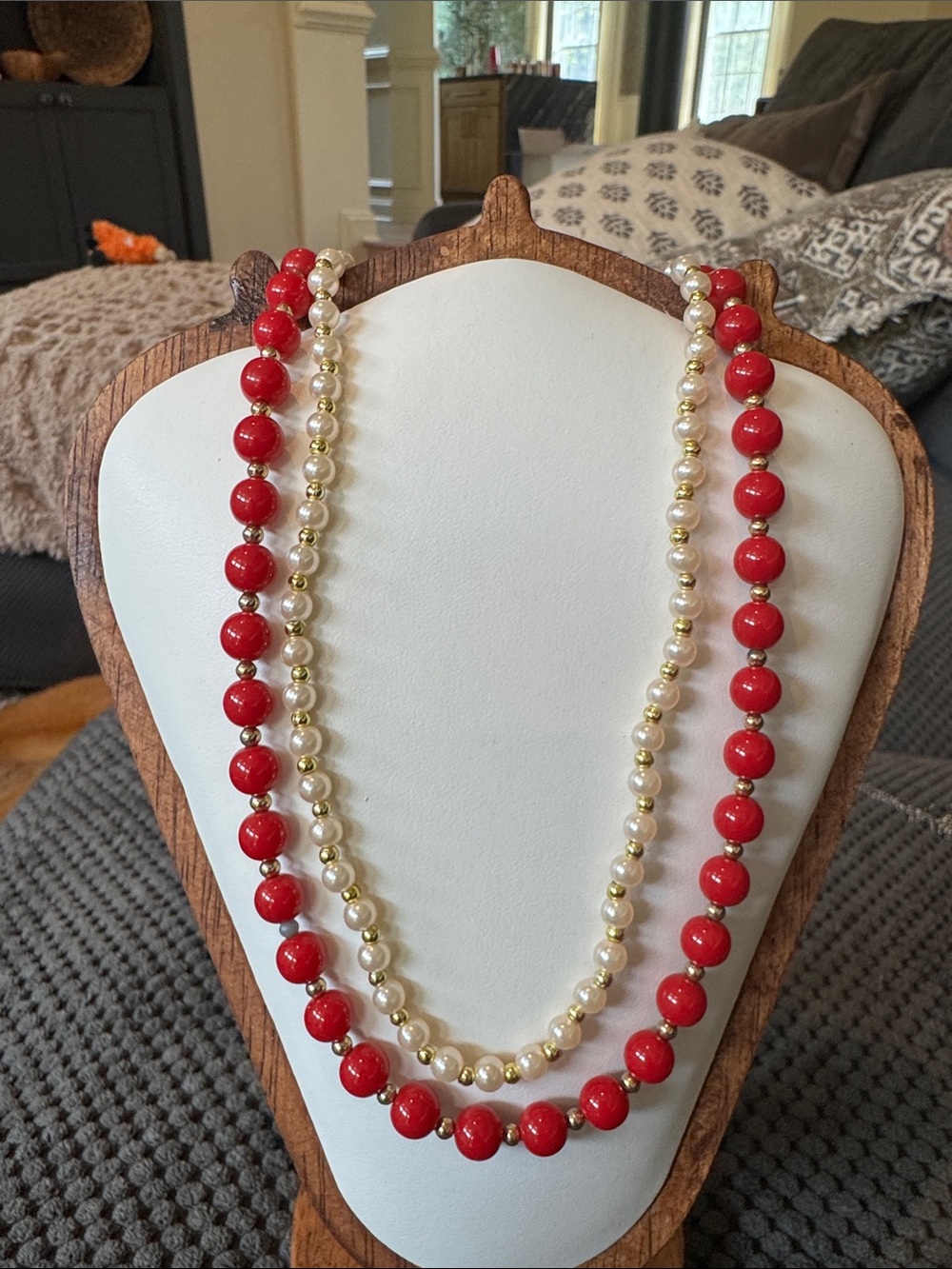 Monet Red Bead and Pearl-Style  Necklace